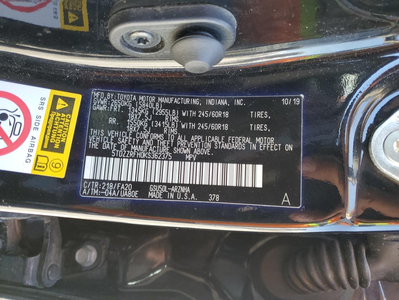 5TDZZRFH0KS362375 2019 Toyota Highlander Le