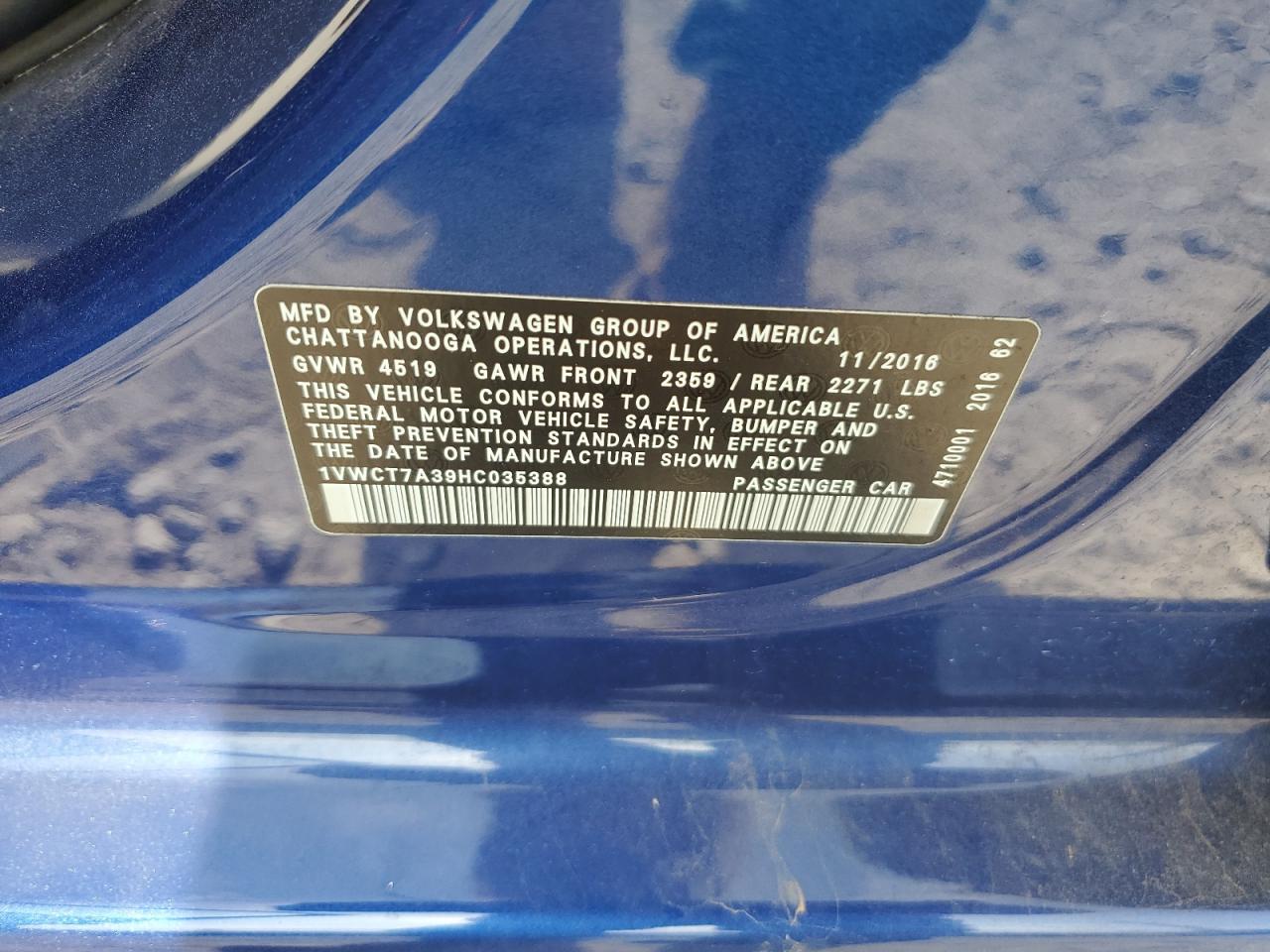 1VWCT7A39HC035388 2017 Volkswagen Passat Sel Premium