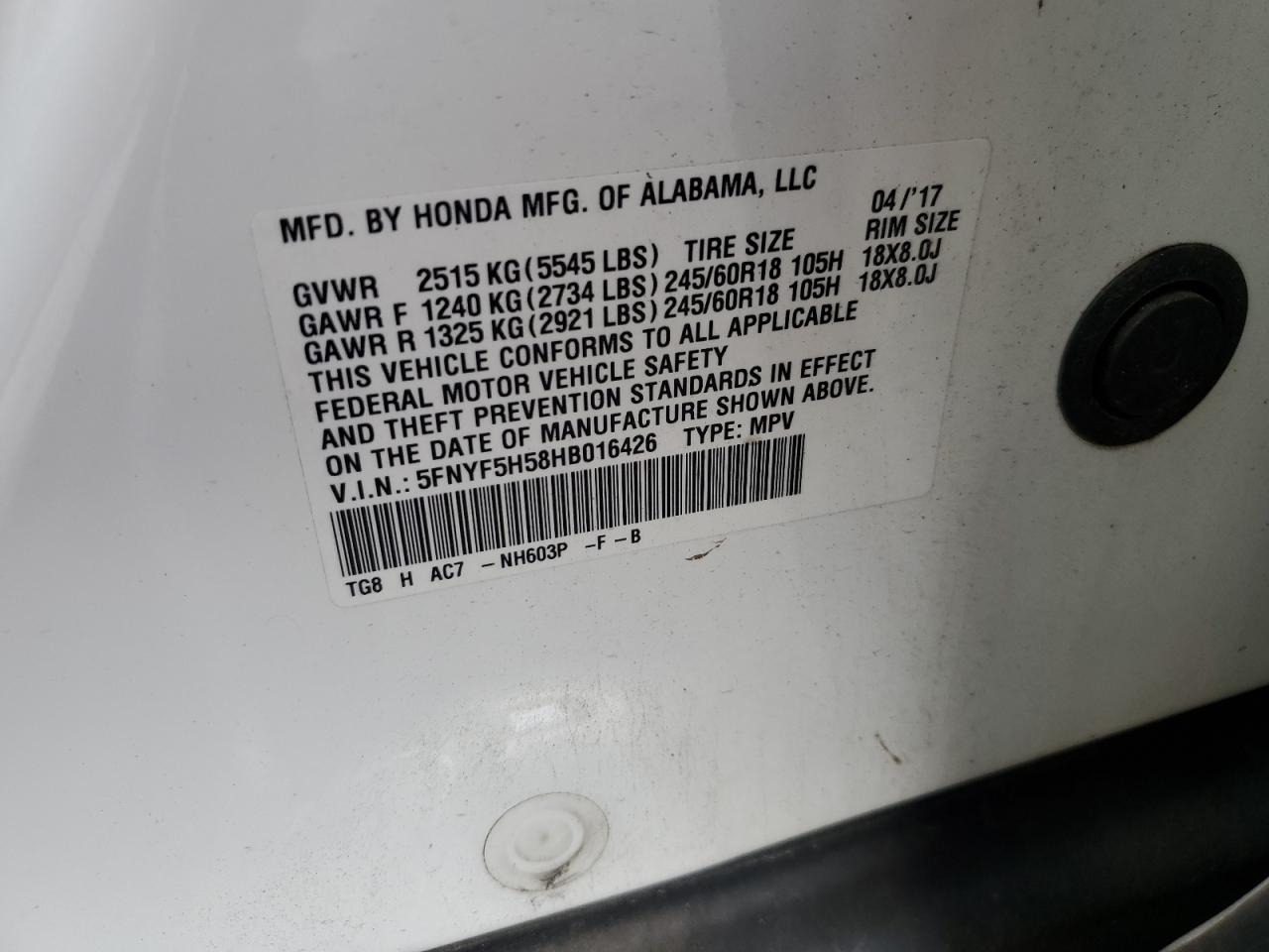 5FNYF5H58HB016426 2017 Honda Pilot Exl