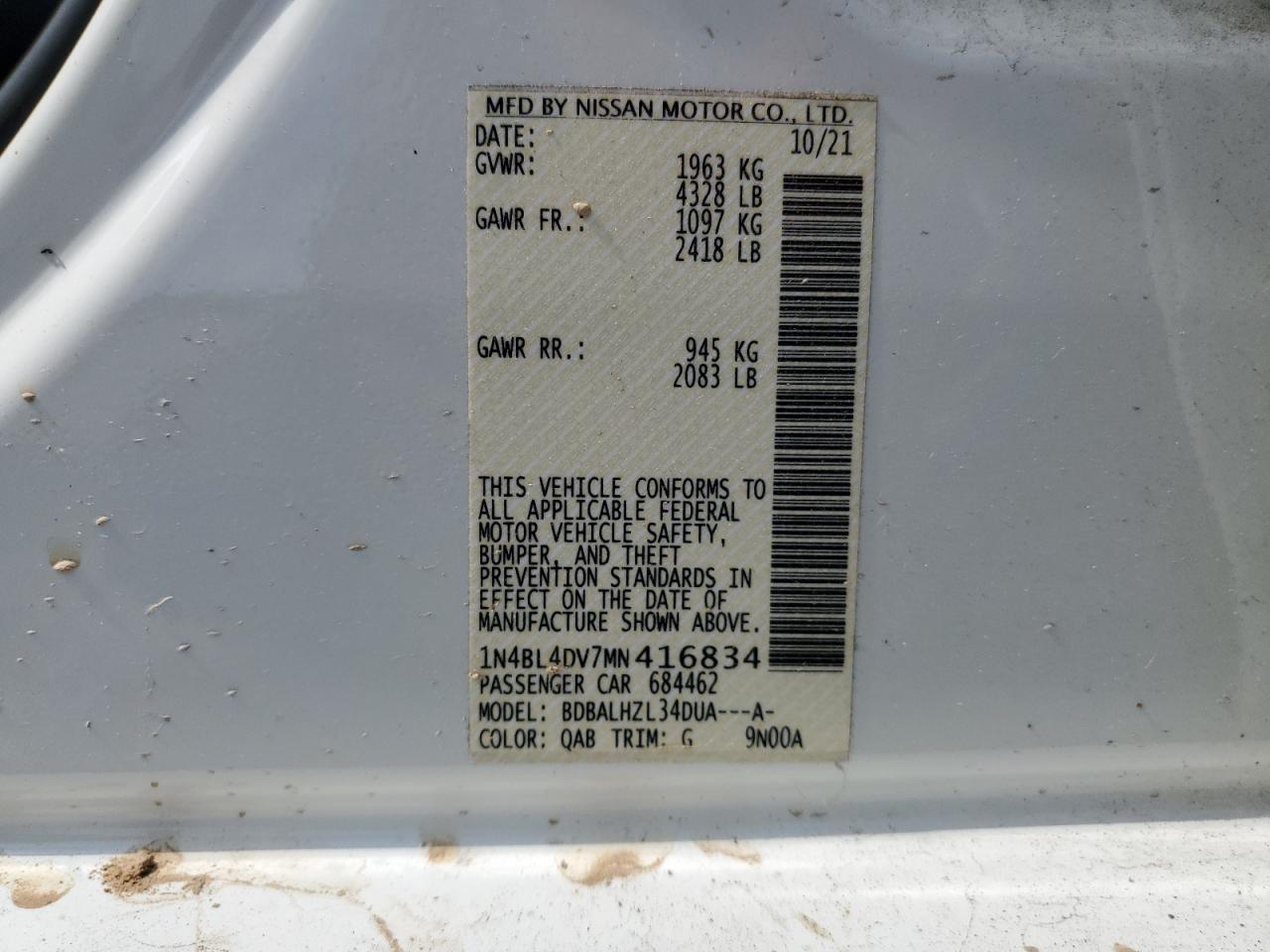 1N4BL4DV7MN416834 2021 Nissan Altima Sv