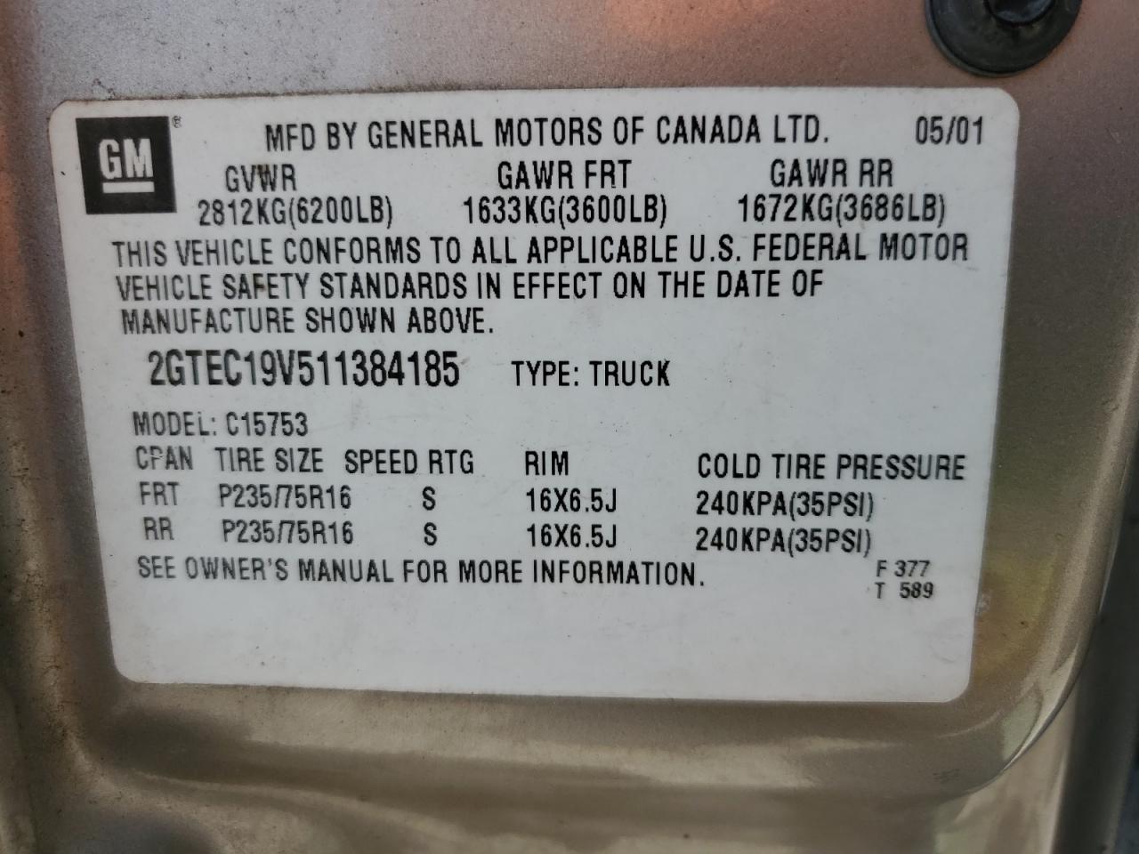 2GTEC19V511384185 2001 GMC New Sierra C1500