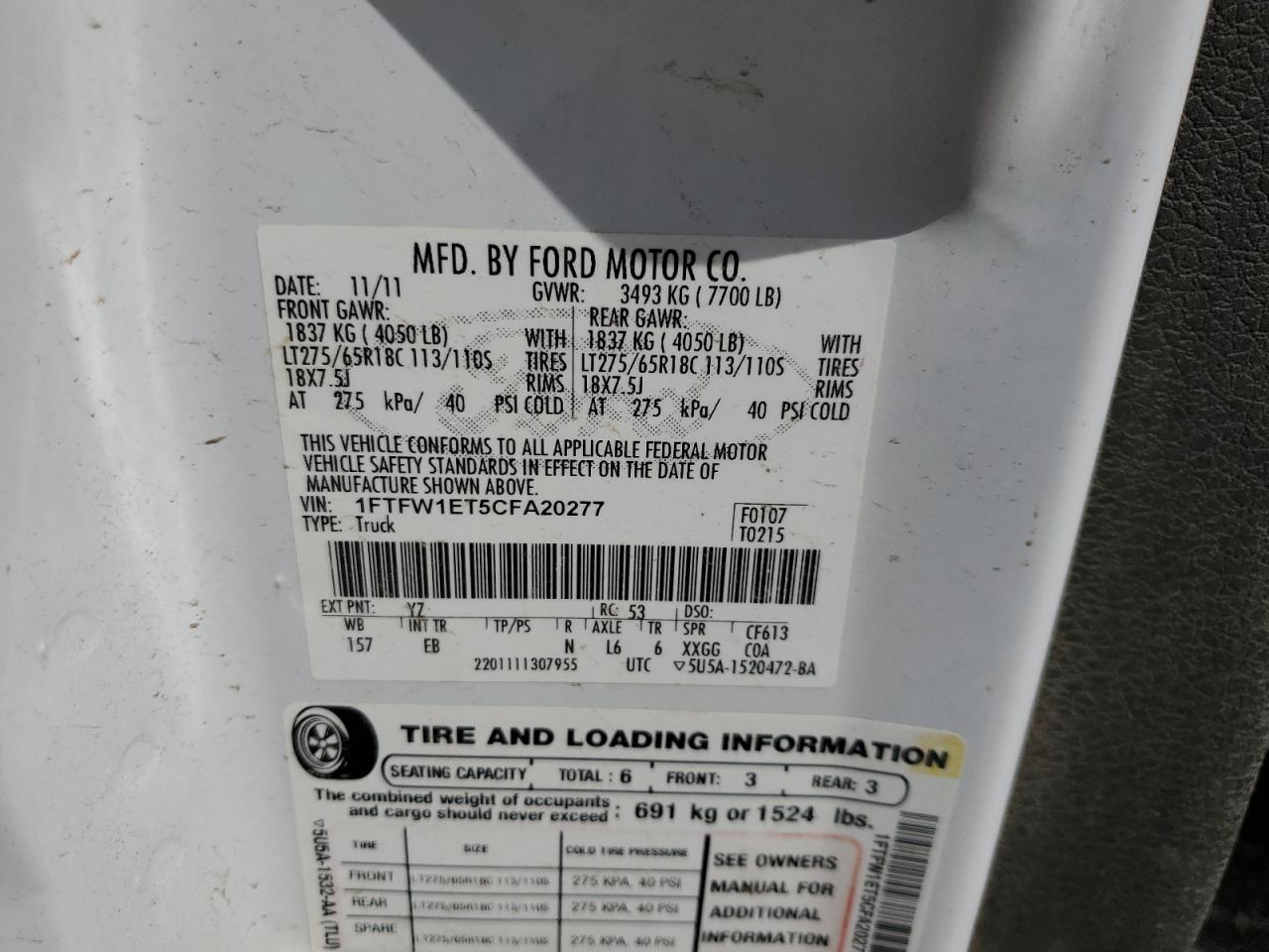 1FTFW1ET5CFA20277 2012 Ford F150 Supercrew