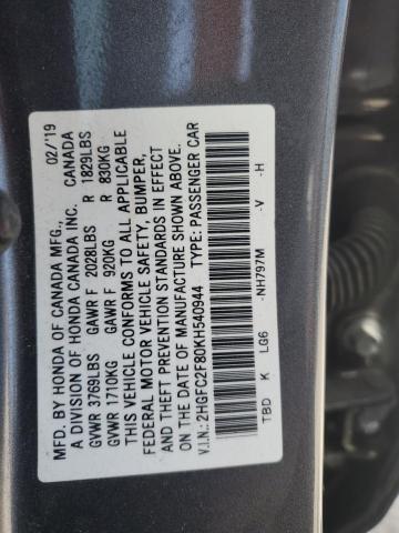 2019 Honda Civic Sport VIN: 2HGFC2F80KH540944 Lot: 54697474