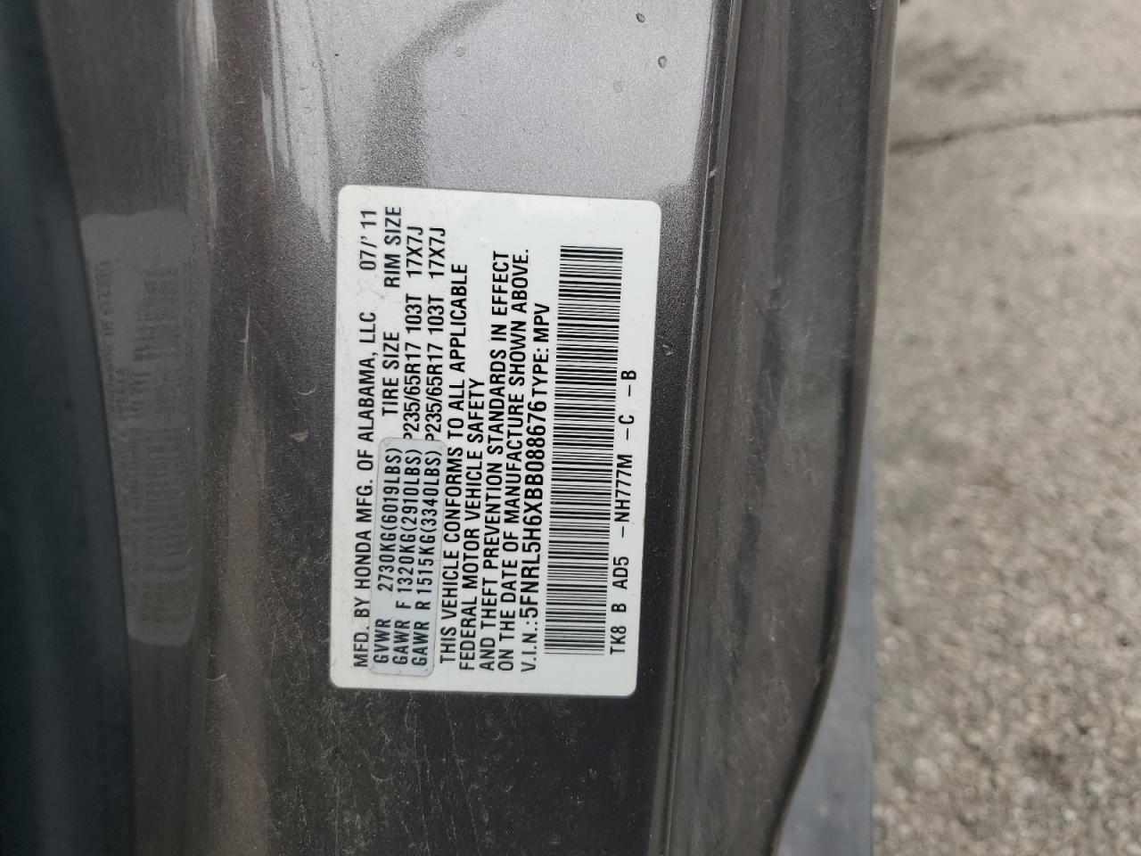 5FNRL5H6XBB088676 2011 Honda Odyssey Exl