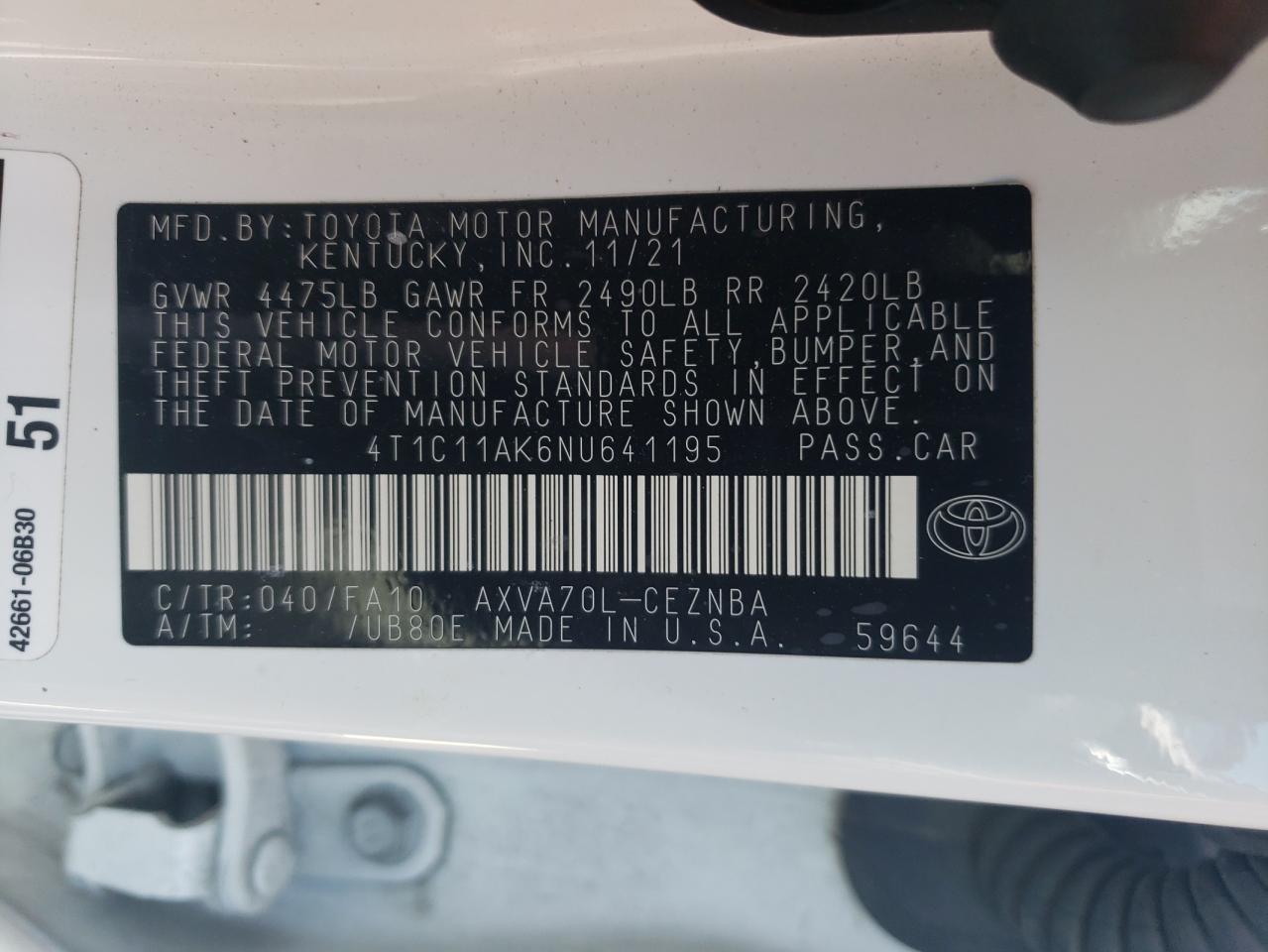 4T1C11AK6NU641195 2022 Toyota Camry Le