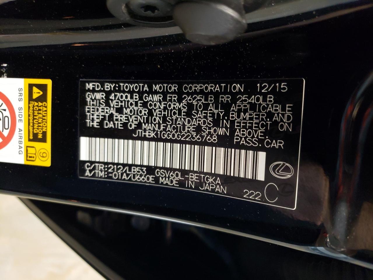 JTHBK1GG0G2236768 2016 Lexus Es 350