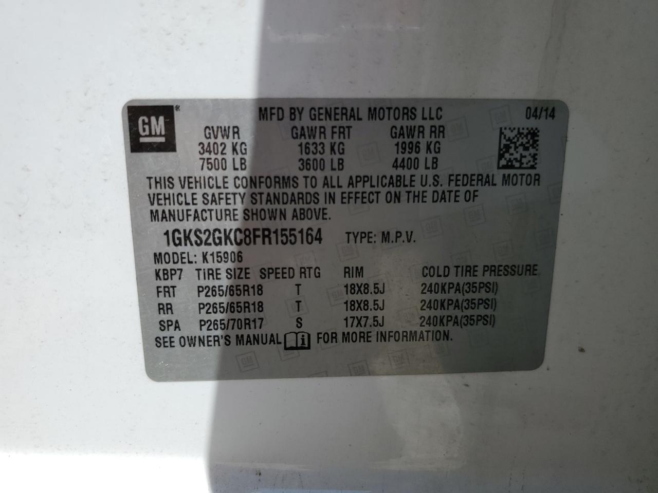 1GKS2GKC8FR155164 2015 GMC Yukon Xl K1500 Sle