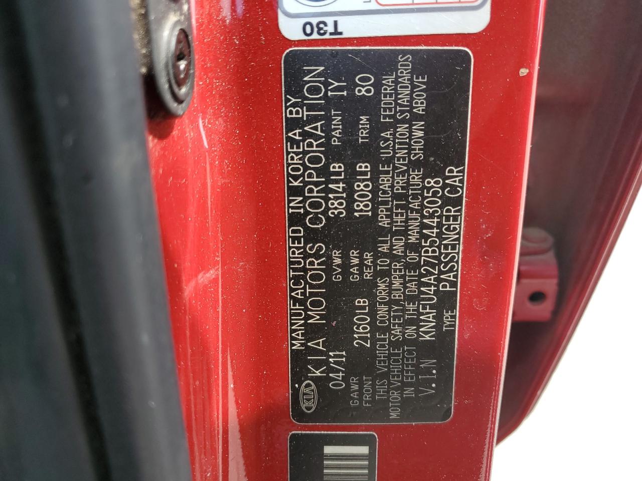 KNAFU4A27B5443058 2011 Kia Forte Ex