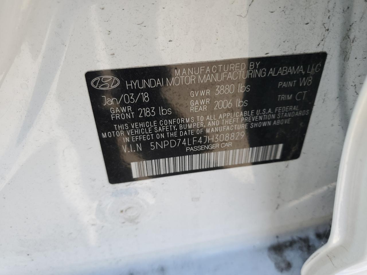 5NPD74LF4JH308829 2018 Hyundai Elantra Se