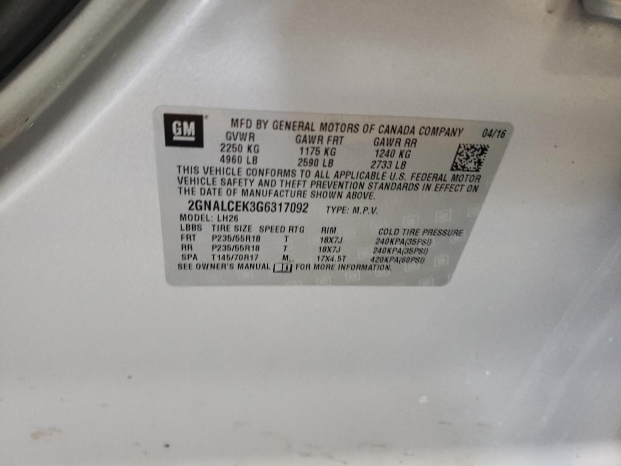 2GNALCEK3G6317092 2016 Chevrolet Equinox Lt