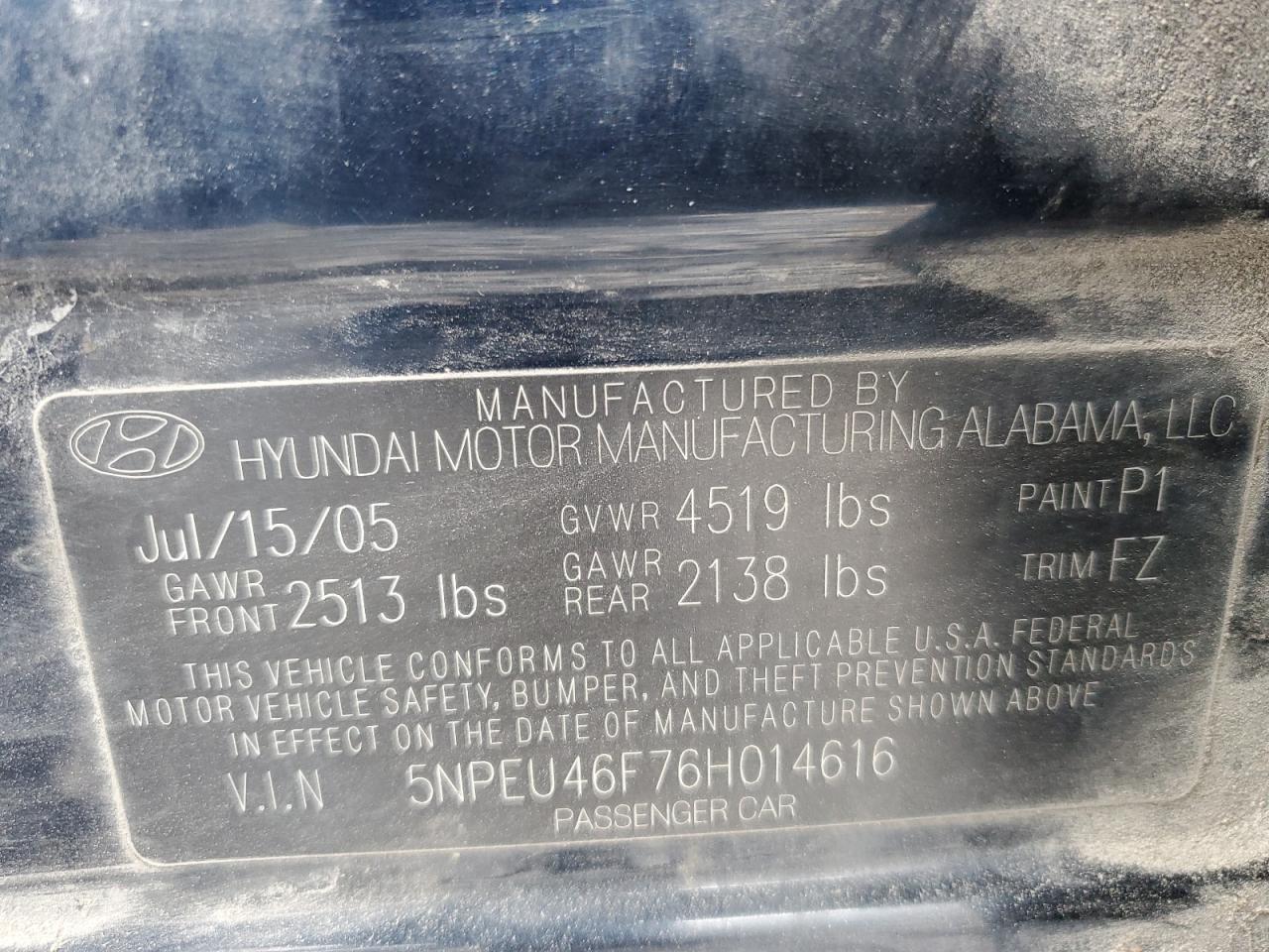 5NPEU46F76H014616 2006 Hyundai Sonata Gls