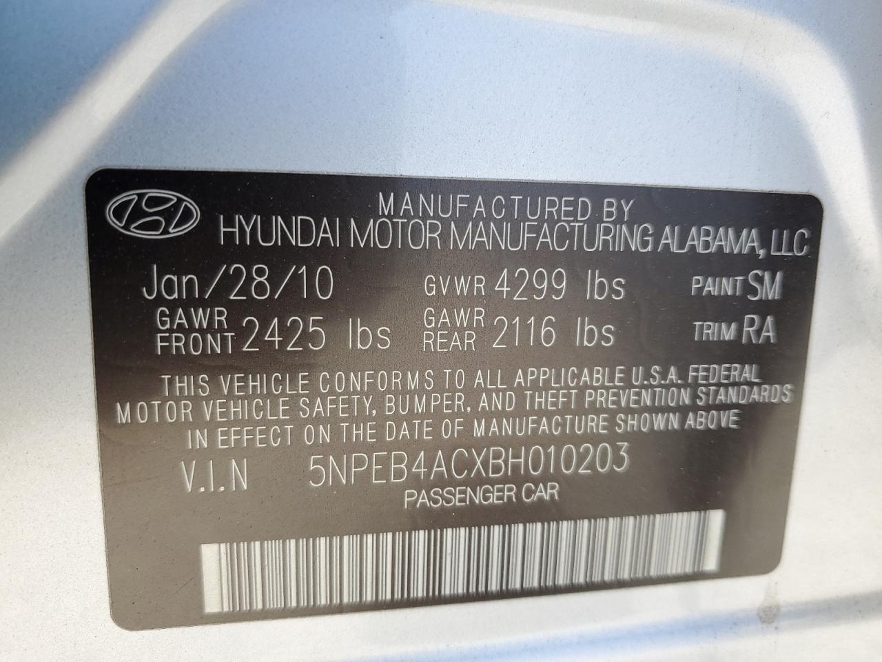 5NPEB4ACXBH010203 2011 Hyundai Sonata Gls