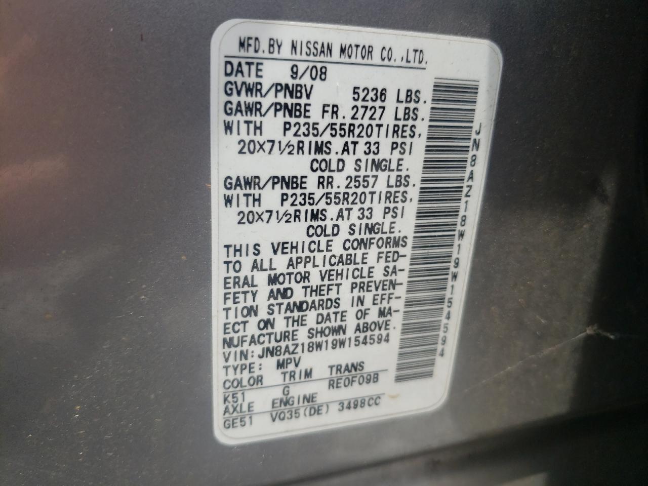 JN8AZ18W19W154594 2009 Nissan Murano S