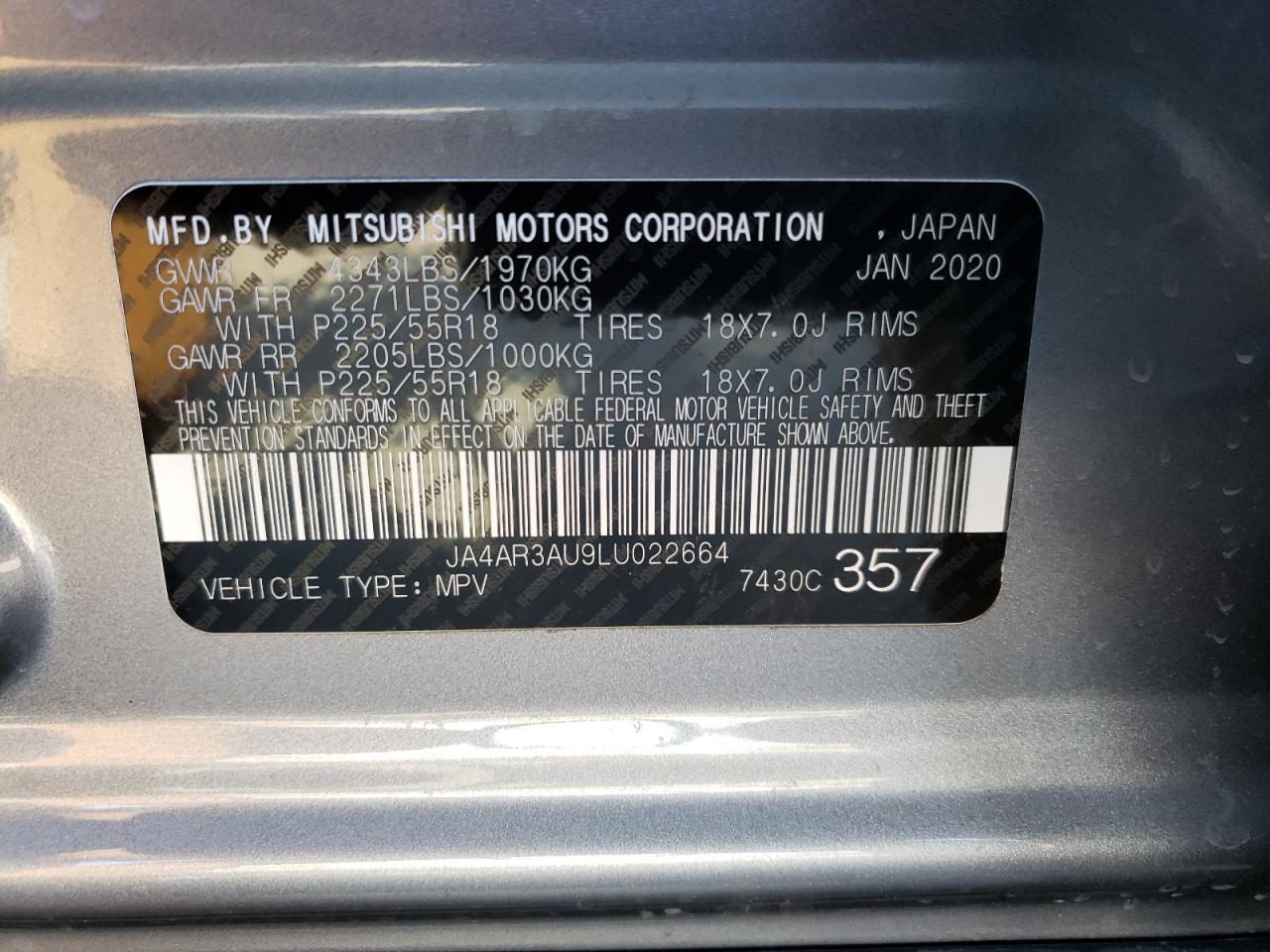 JA4AR3AU9LU022664 2020 Mitsubishi Outlander Sport Es