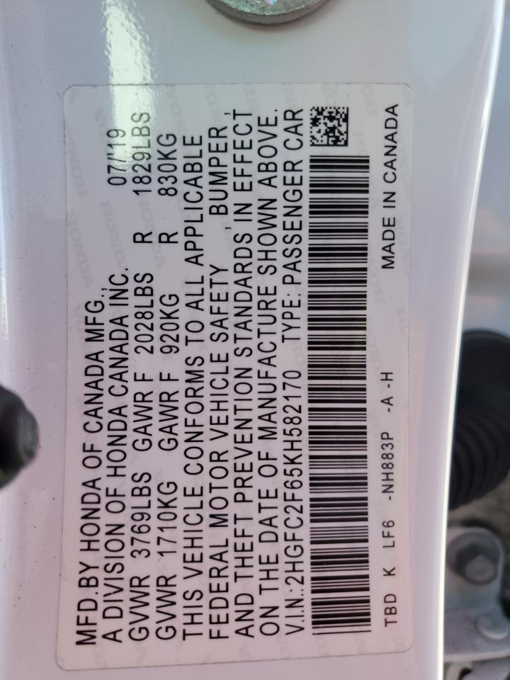 2HGFC2F65KH582170 2019 Honda Civic Lx