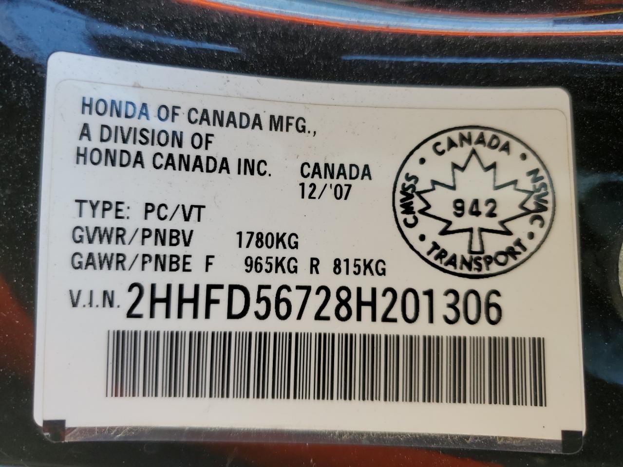 2HHFD56728H201306 2008 Acura Csx Technology