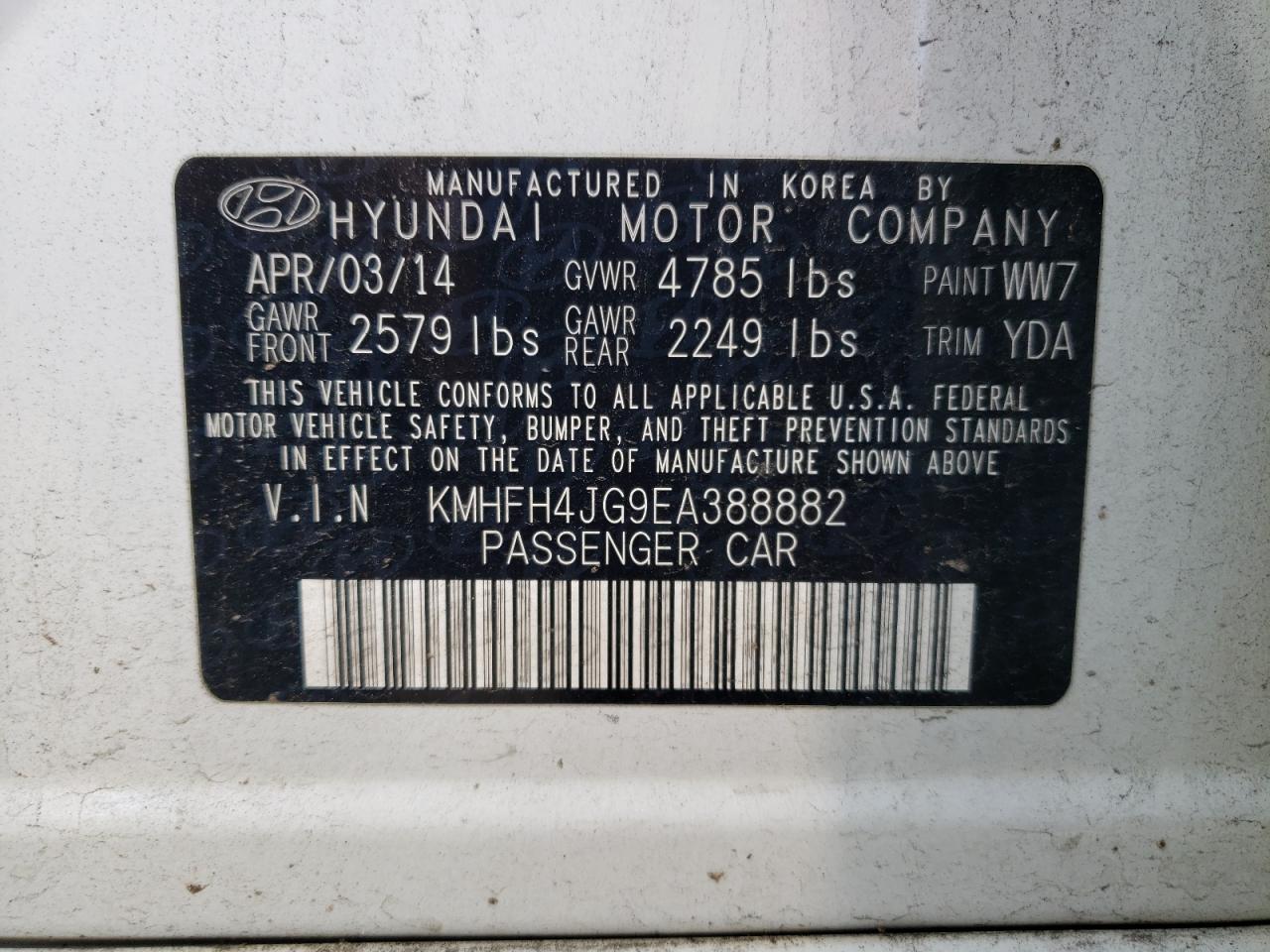 KMHFH4JG9EA388882 2014 Hyundai Azera Gls