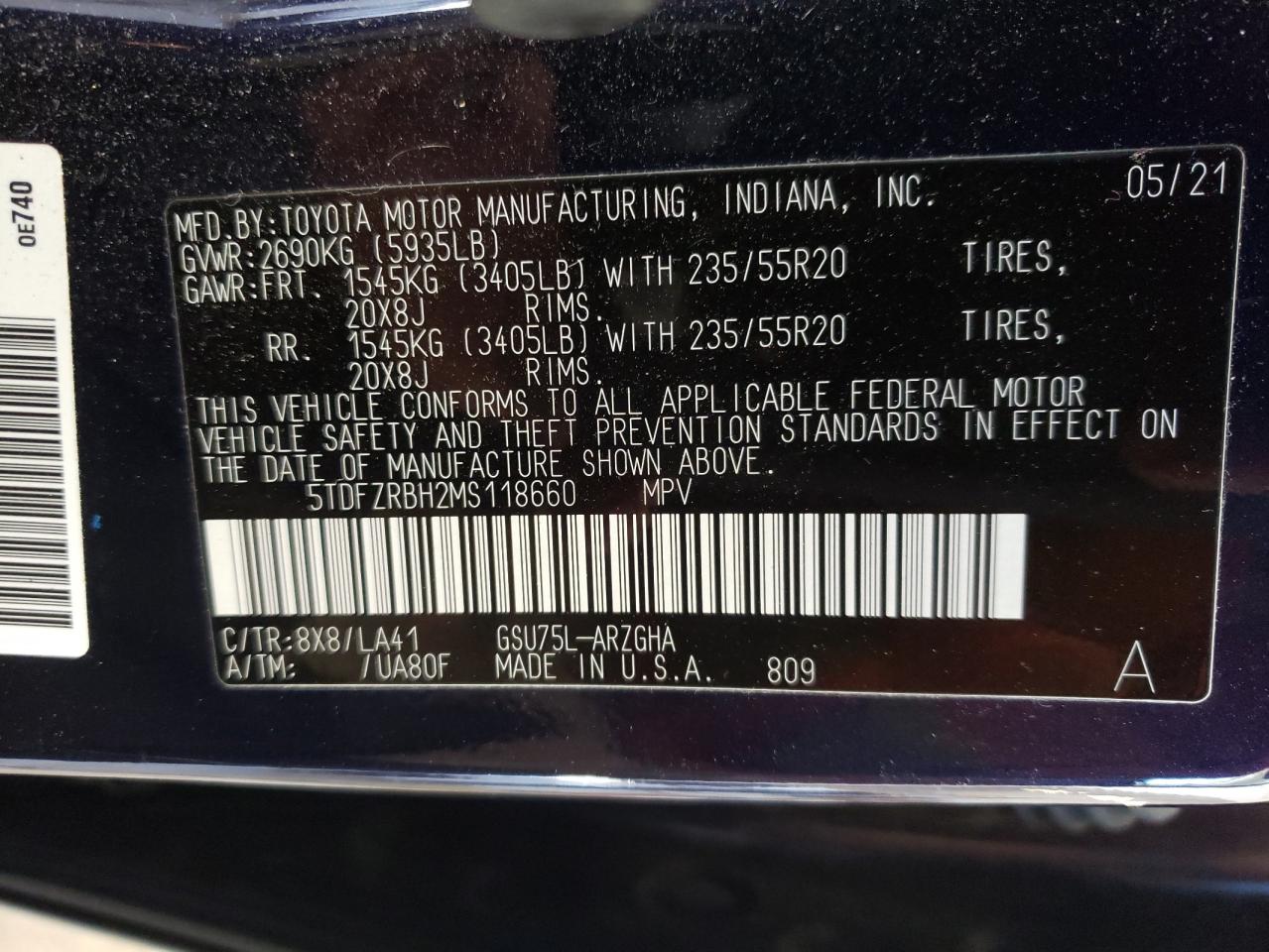 5TDFZRBH2MS118660 2021 Toyota Highlander Platinum