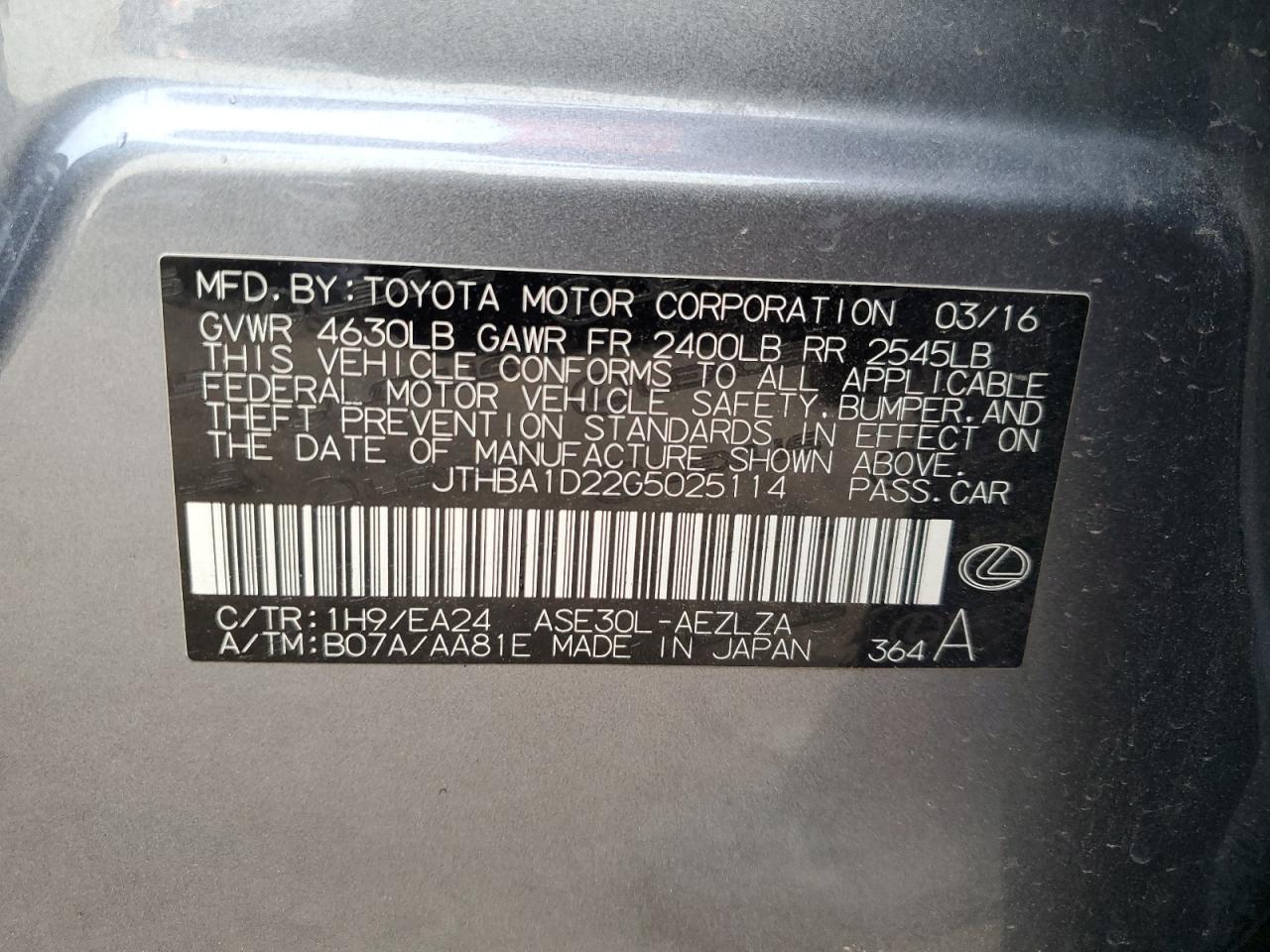 JTHBA1D22G5025114 2016 Lexus Is 200T