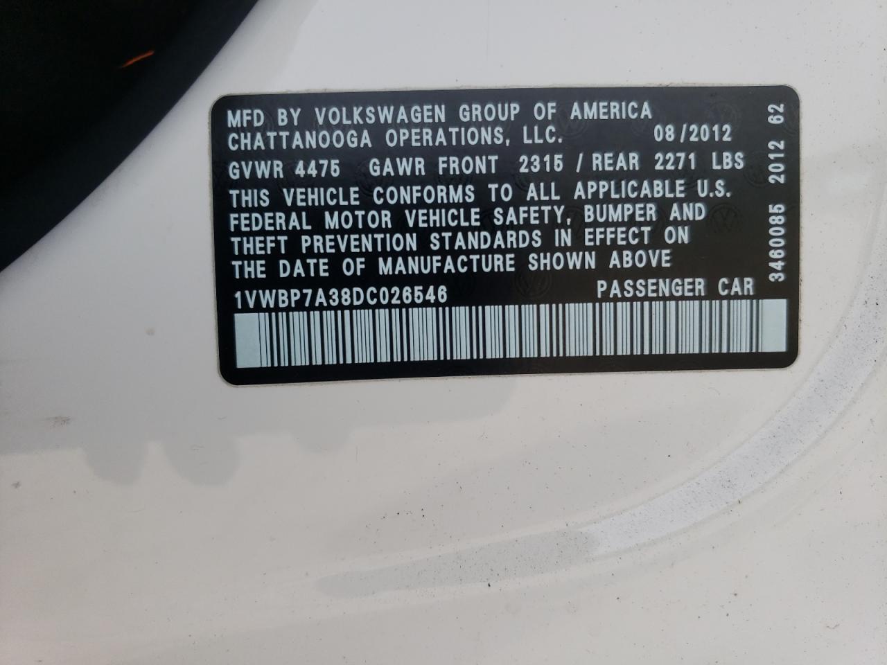 1VWBP7A38DC026546 2013 Volkswagen Passat Se