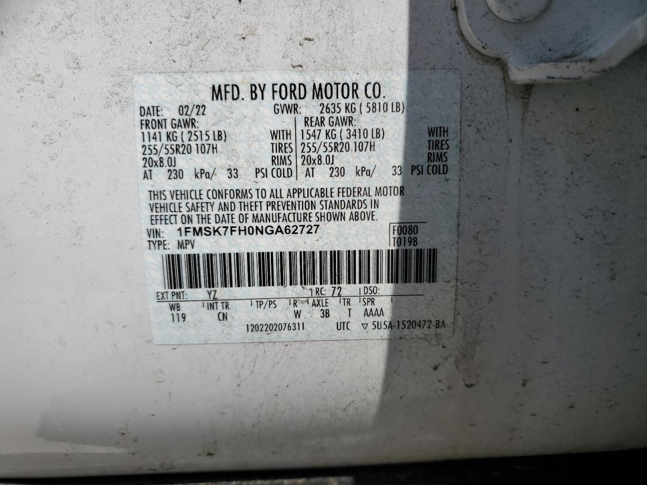 1FMSK7FH0NGA62727 2022 Ford Explorer Limited