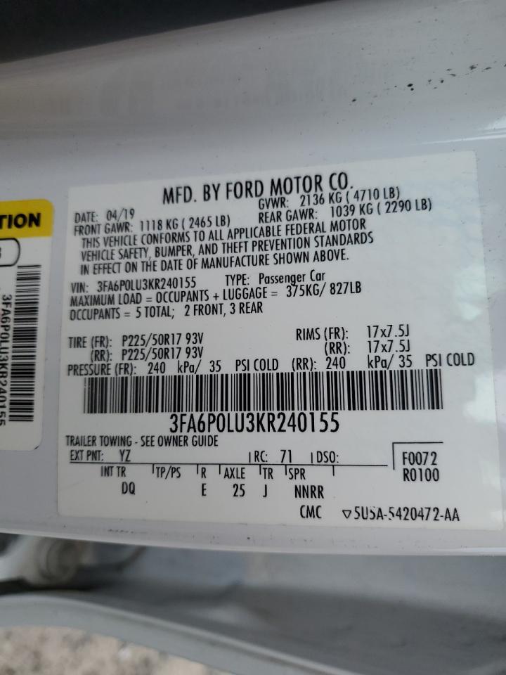 3FA6P0LU3KR240155 2019 Ford Fusion Se