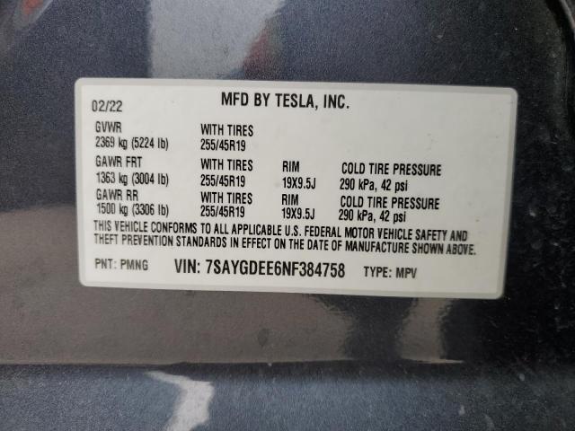 2022 Tesla Model Y VIN: 7SAYGDEE6NF384758 Lot: 55609484