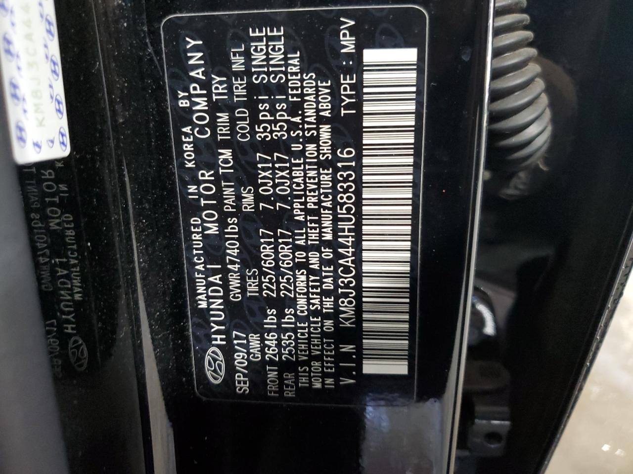 KM8J3CA44HU583316 2017 Hyundai Tucson Limited