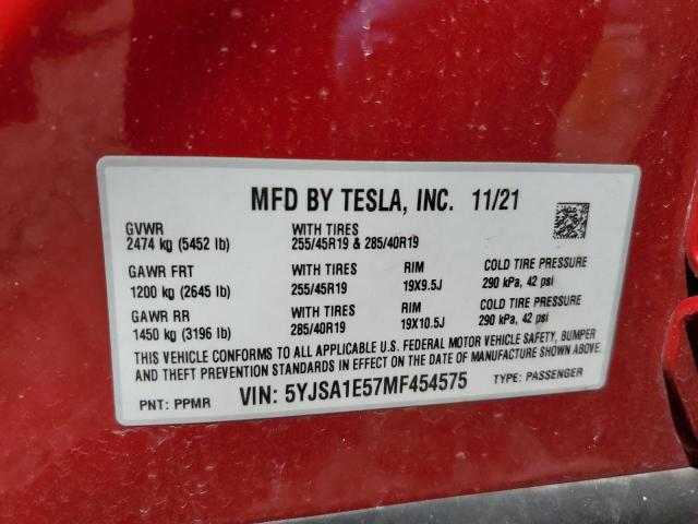 2021 Tesla Model S VIN: 5YJSA1E57MF454575 Lot: 55716814