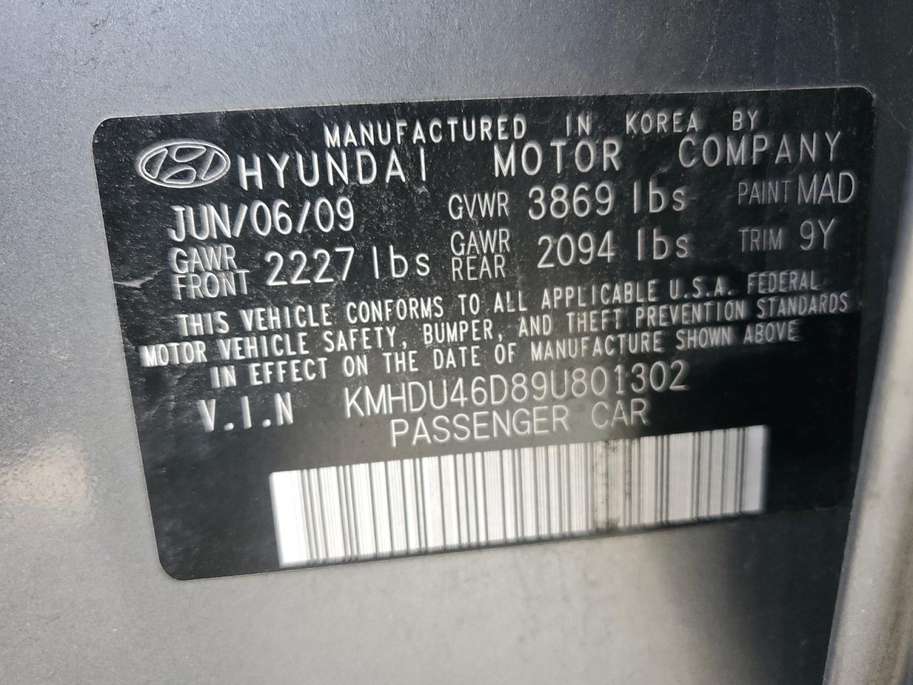 KMHDU46D89U801302 2009 Hyundai Elantra Gls