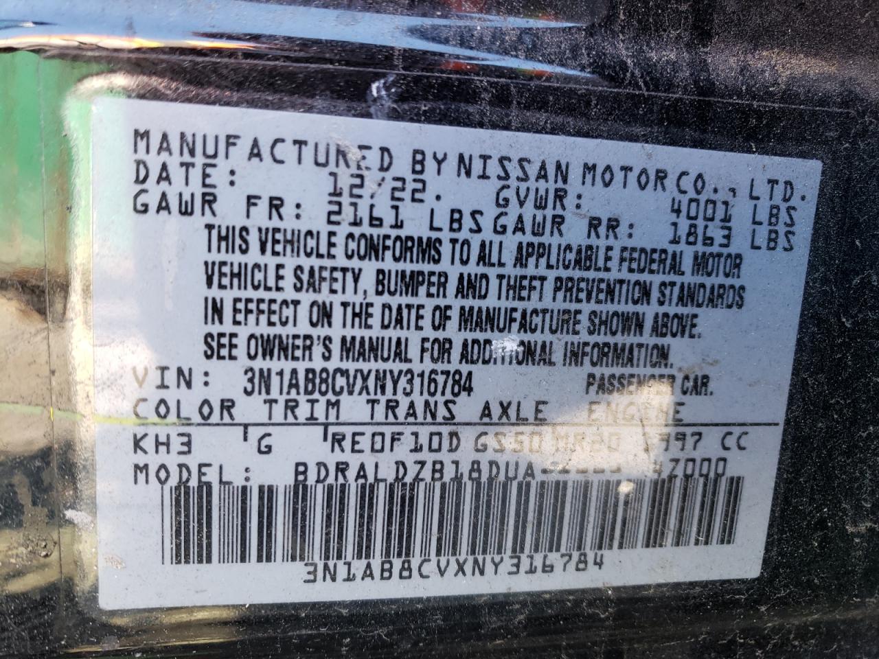 3N1AB8CVXNY316784 2022 Nissan Sentra Sv