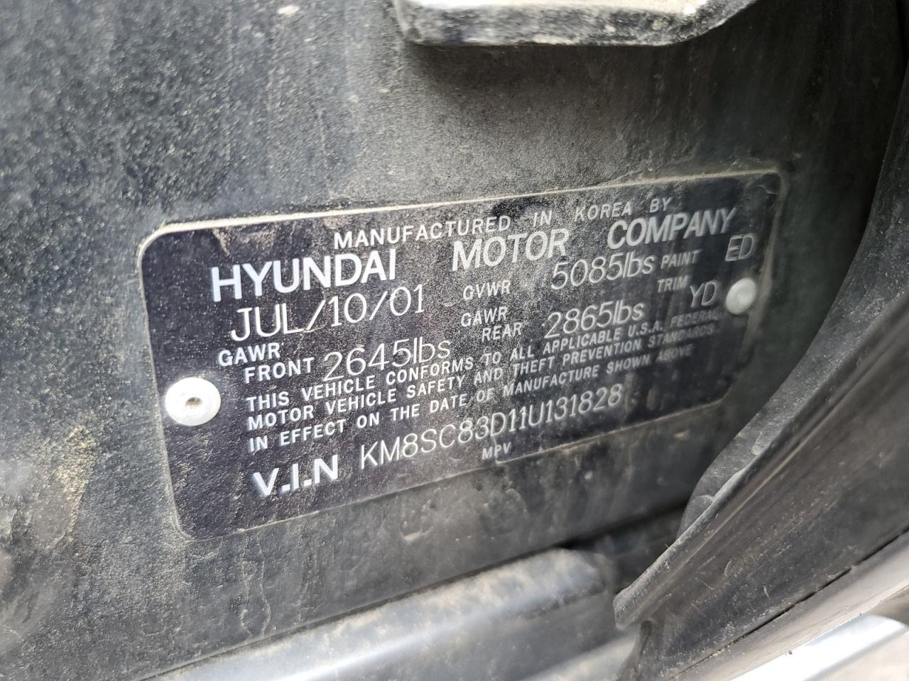 KM8SC83D11U131828 2001 Hyundai Santa Fe Gls