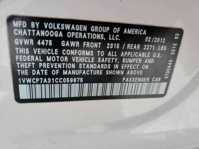 2012 Volkswagen Passat Sel VIN: 1VWCP7A31CC059875 Lot: 55998544