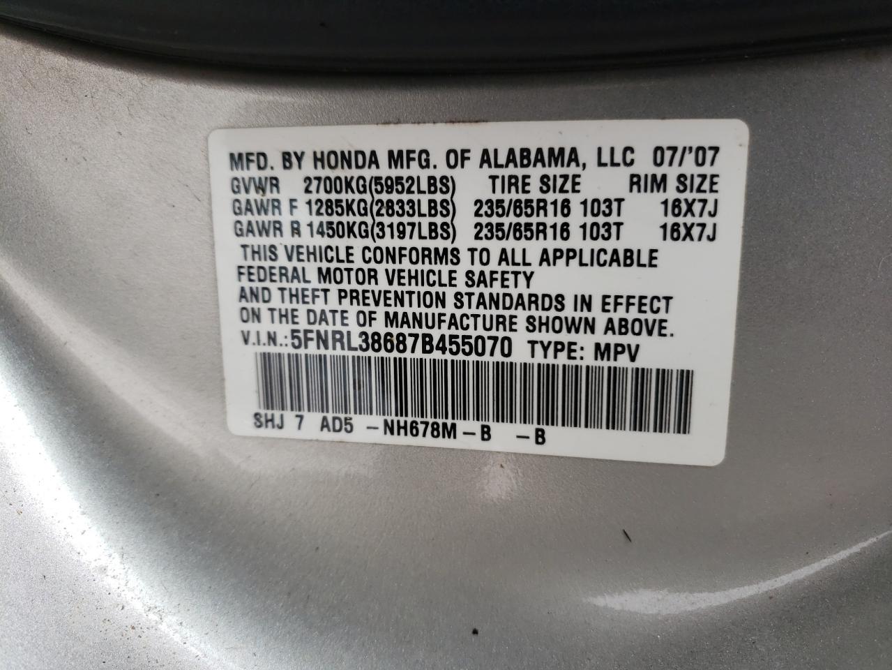 5FNRL38687B455070 2007 Honda Odyssey Exl