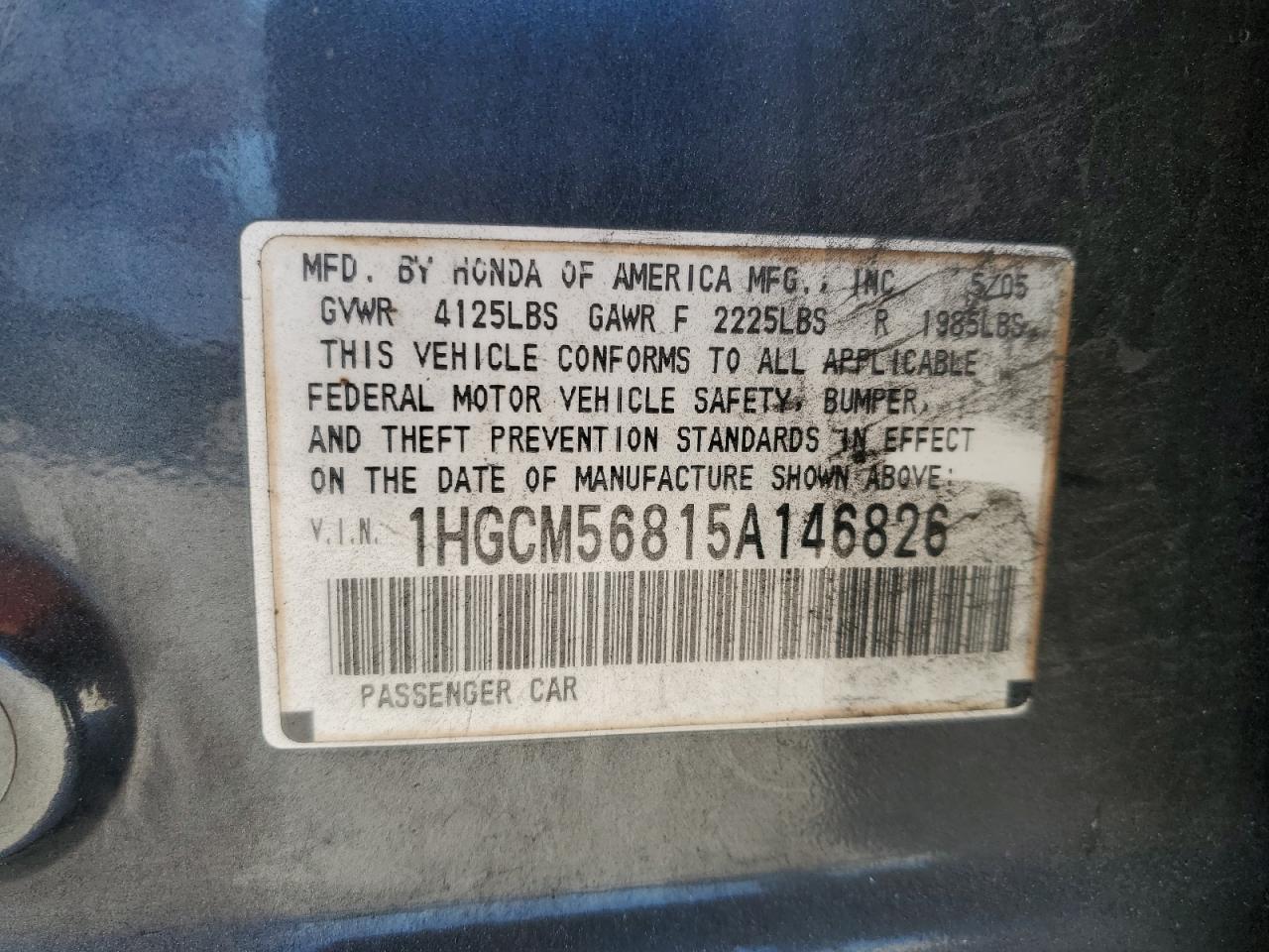 1HGCM56815A146826 2005 Honda Accord Ex