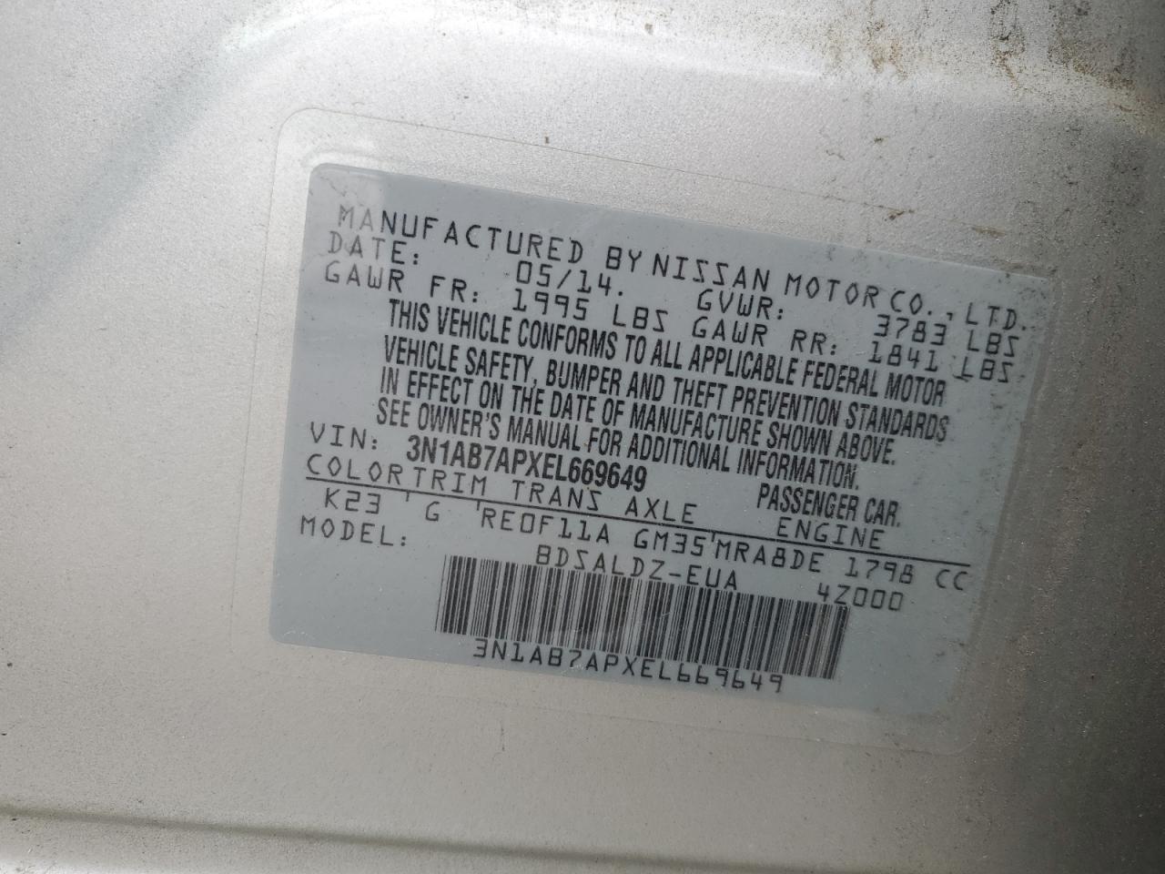 3N1AB7APXEL669649 2014 Nissan Sentra S