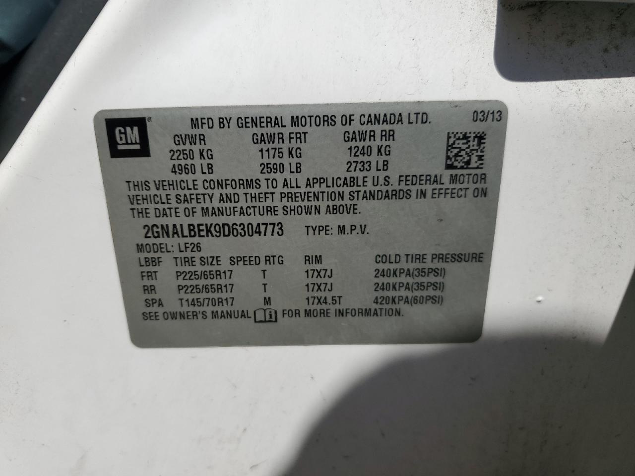 2GNALBEK9D6304773 2013 Chevrolet Equinox Ls