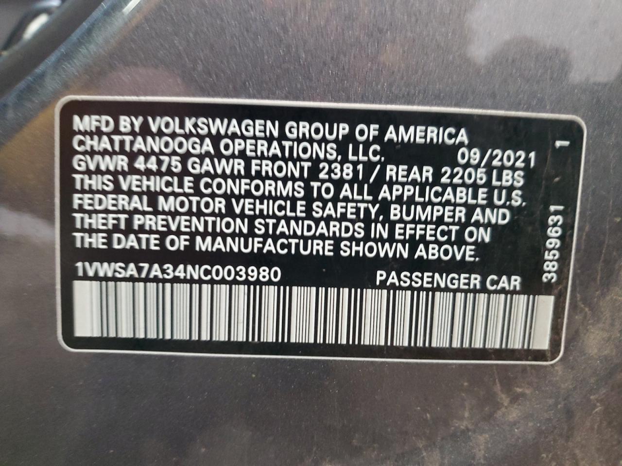 1VWSA7A34NC003980 2022 Volkswagen Passat Se
