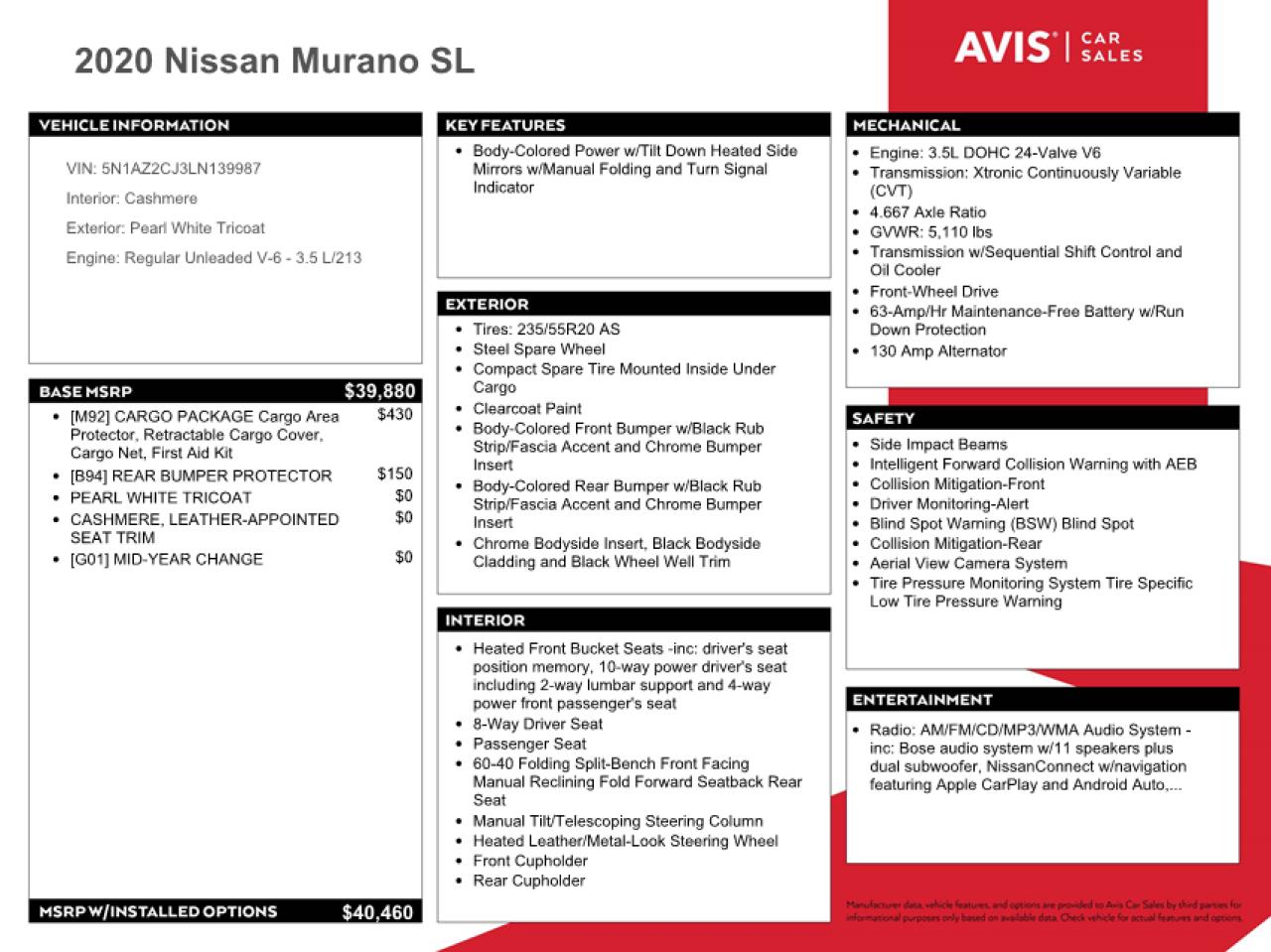 5N1AZ2CJ3LN139987 2020 Nissan Murano Sl