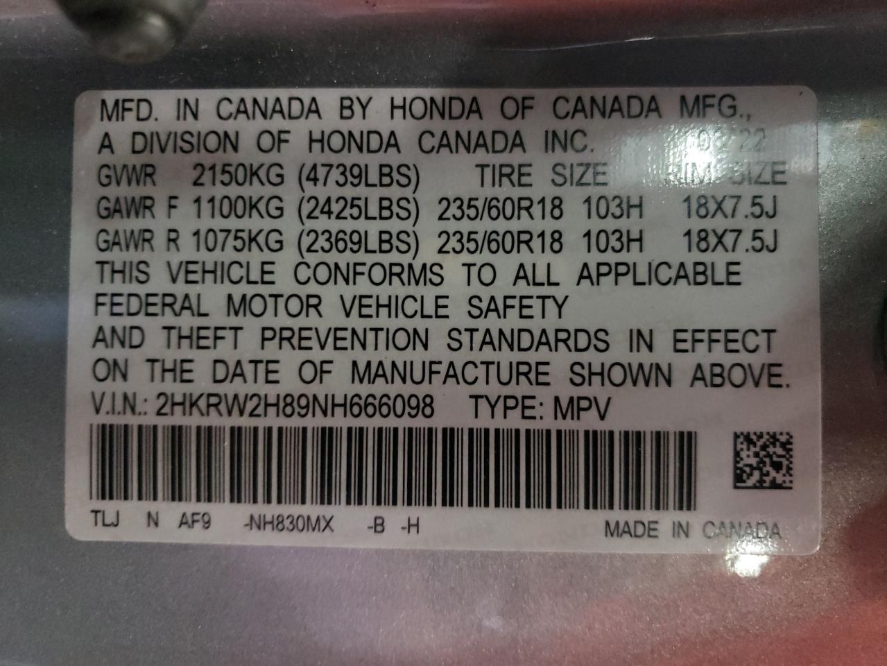 2HKRW2H89NH666098 2022 Honda Cr-V Exl