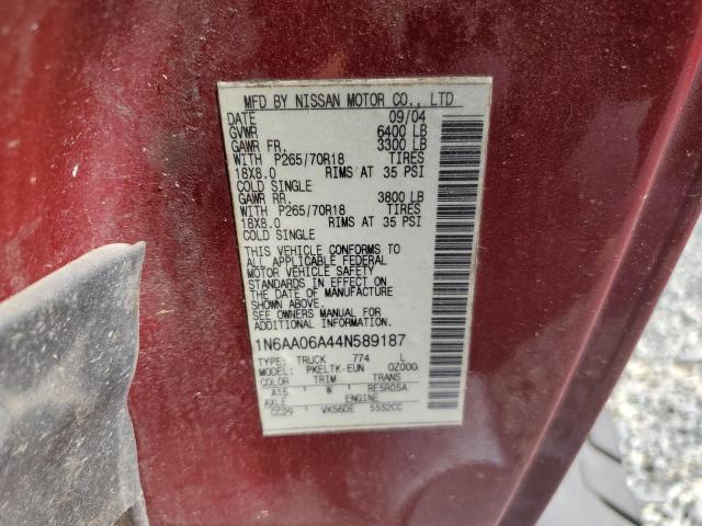 2004 Nissan Titan Xe VIN: 1N6AA06A44N589187 Lot: 56873374