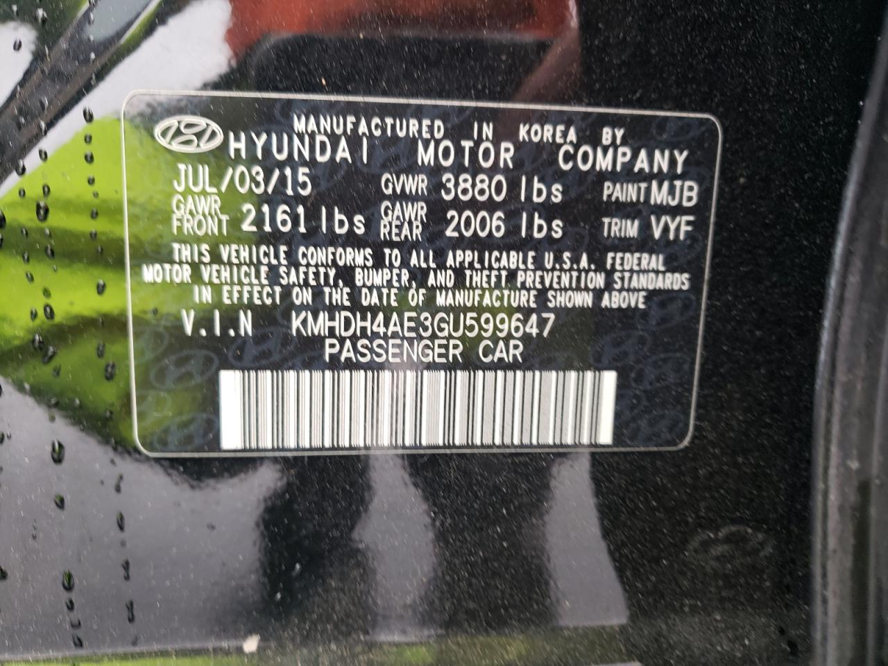 KMHDH4AE3GU599647 2016 Hyundai Elantra Se