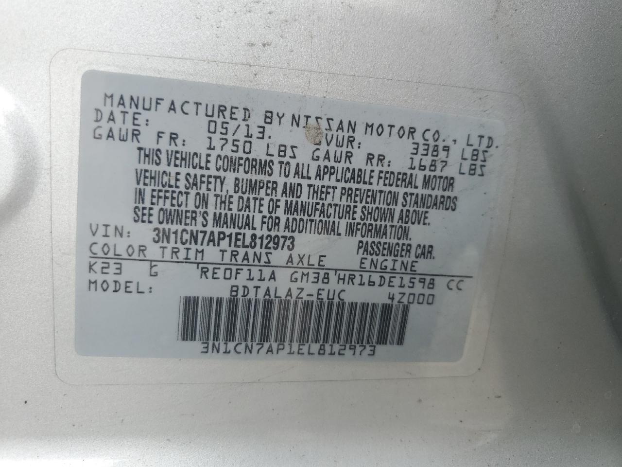 3N1CN7AP1EL812973 2014 Nissan Versa S