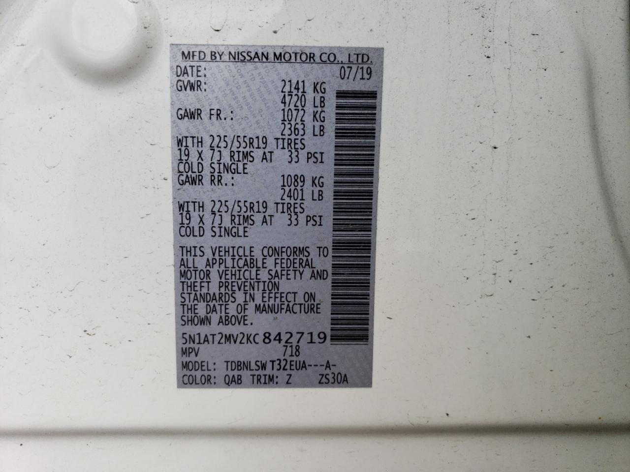 5N1AT2MV2KC842719 2019 Nissan Rogue S