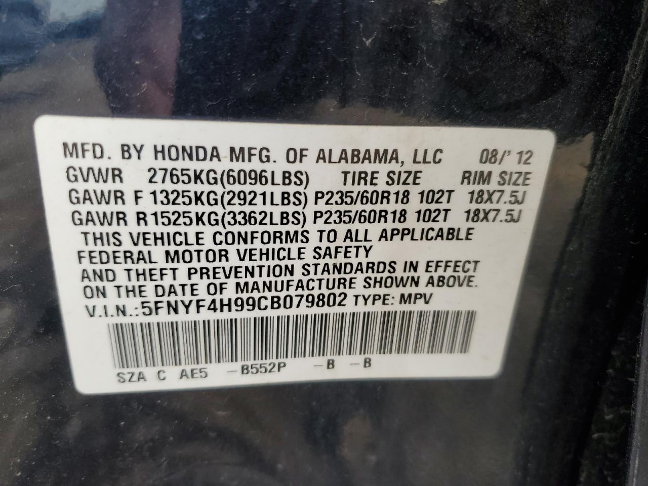 5FNYF4H99CB079802 2012 Honda Pilot Touring