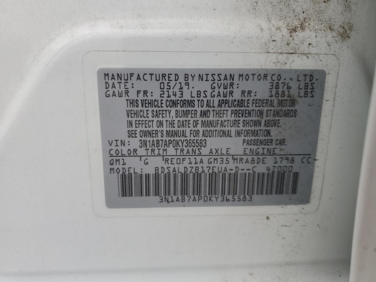 3N1AB7AP0KY365583 2019 Nissan Sentra S