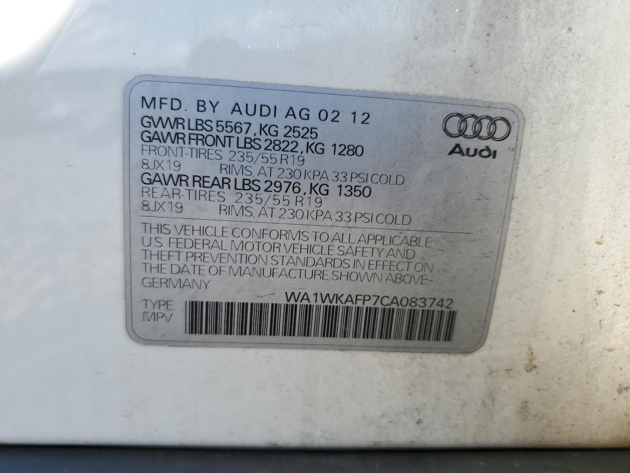 WA1WKAFP7CA083742 2012 Audi Q5 Prestige