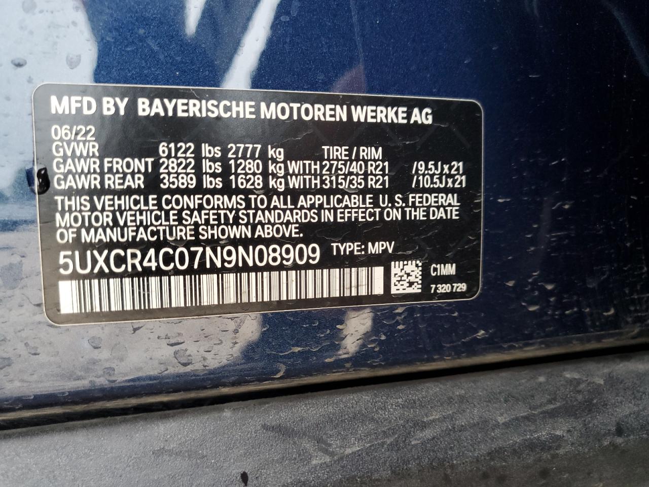 5UXCR4C07N9N08909 2022 BMW X5 Sdrive 40I