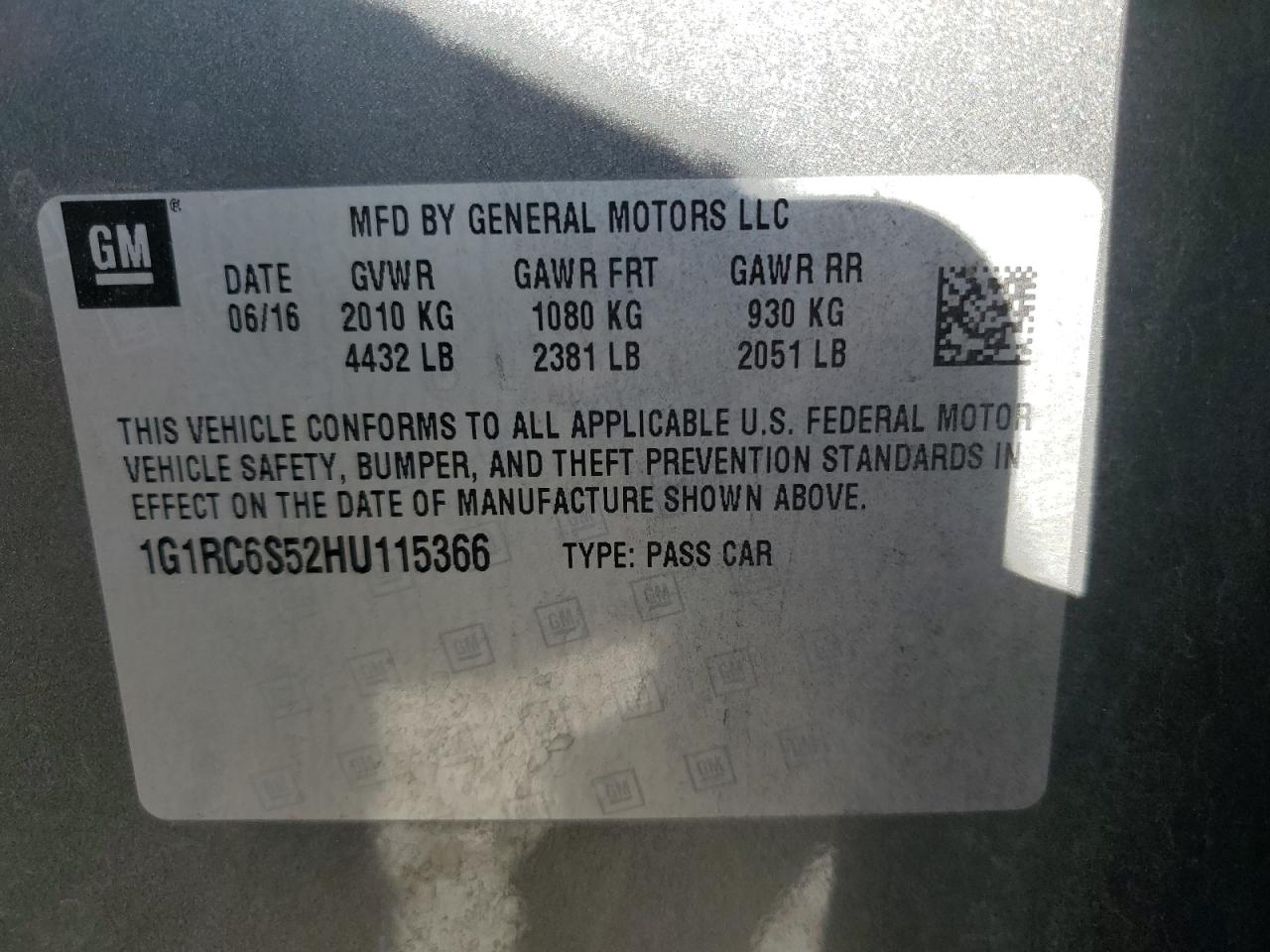 1G1RC6S52HU115366 2017 Chevrolet Volt Lt