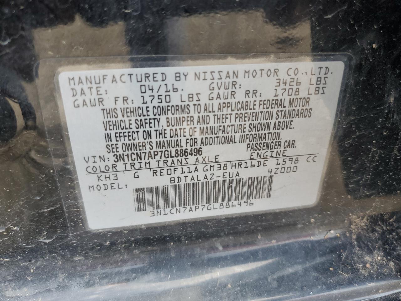 3N1CN7AP7GL886496 2016 Nissan Versa S